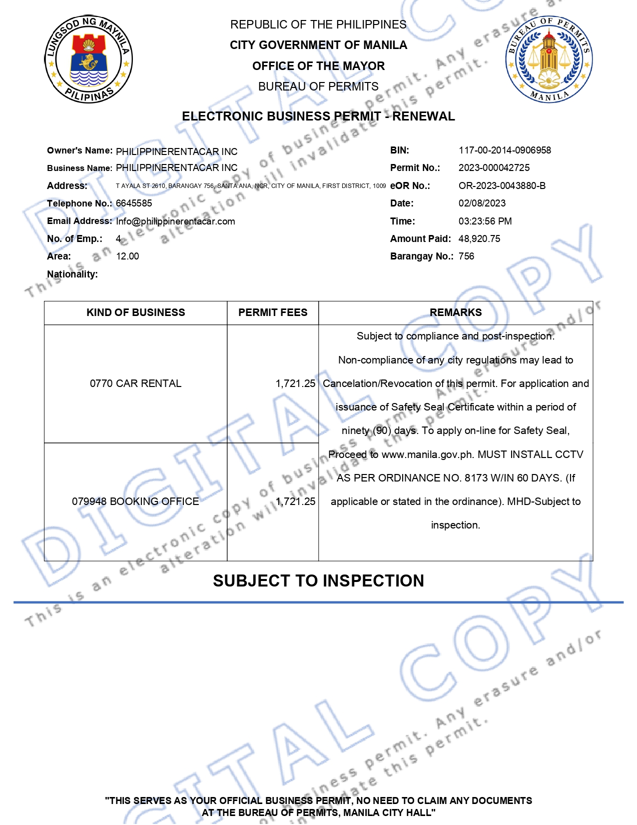 Business Permit · PHILIPPINE RENT A CAR®